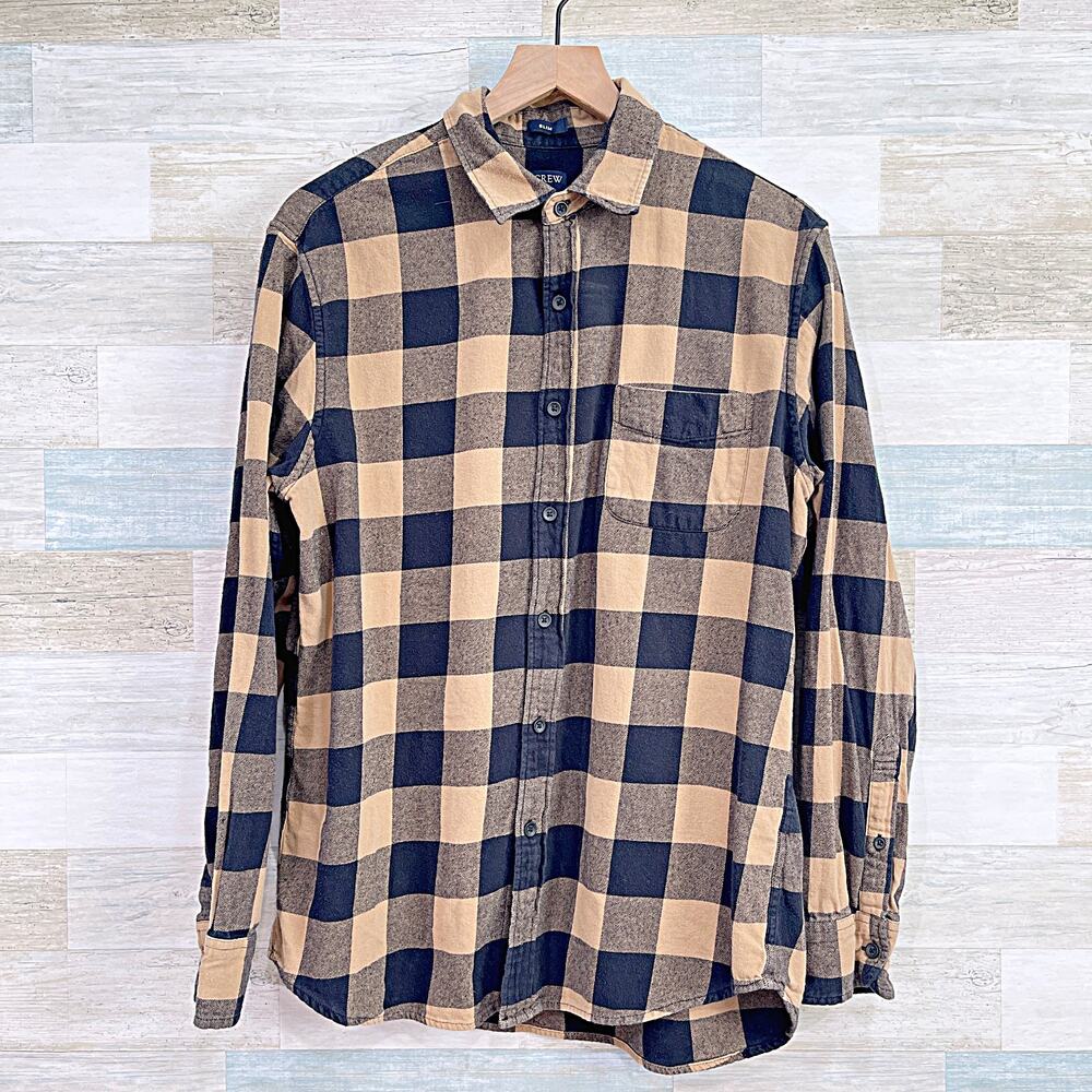 J CREW Slim Flannel Buffalo Check Plaid Shirt Tan Brown Black Cotton Mens Large